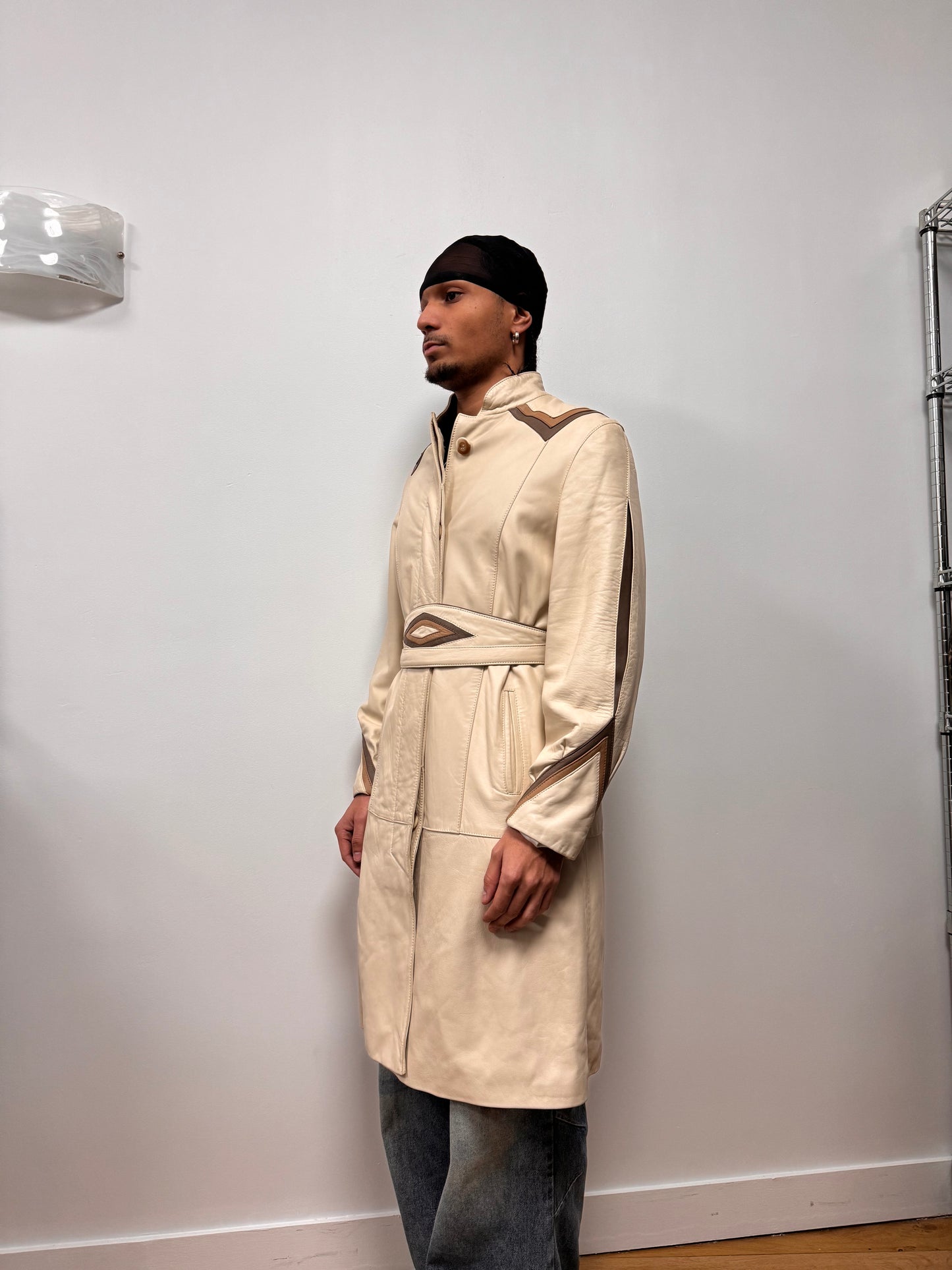 1990s Vintage Sand Leather Trench Coat