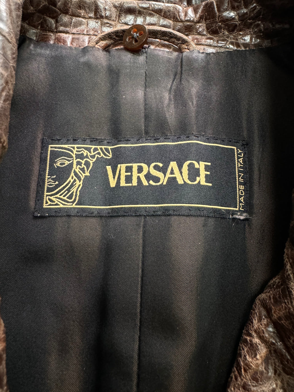 1990s Versace Crocodile Effect Embossed Leather Trench Coat