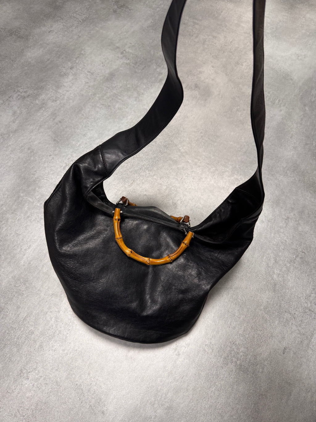 1996 Gucci Tom Ford Pure Black Leather Bamboo Shoulder Bag