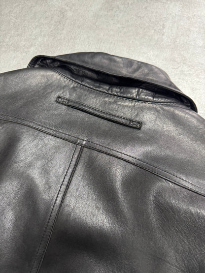 2000s Prada High Collar Black Leather Jacket (M)