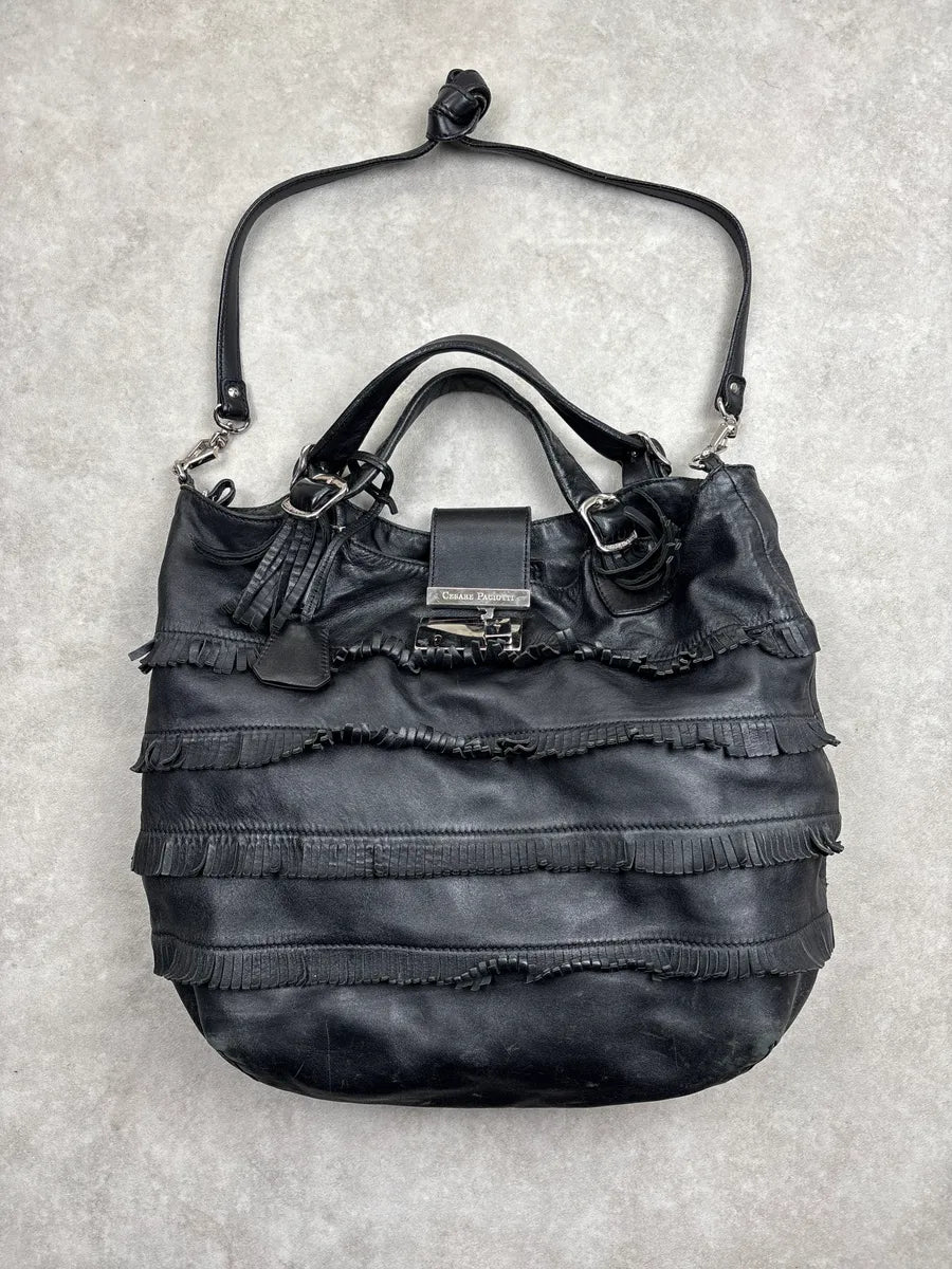 Cesare Paciotti Black Leather Fringe Logo Lock Shoulder Bag EBdxYzFL 0