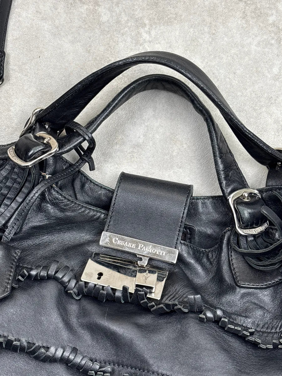 Cesare Paciotti Black Leather Fringe Logo Lock Shoulder Bag EBdxYzFL 5