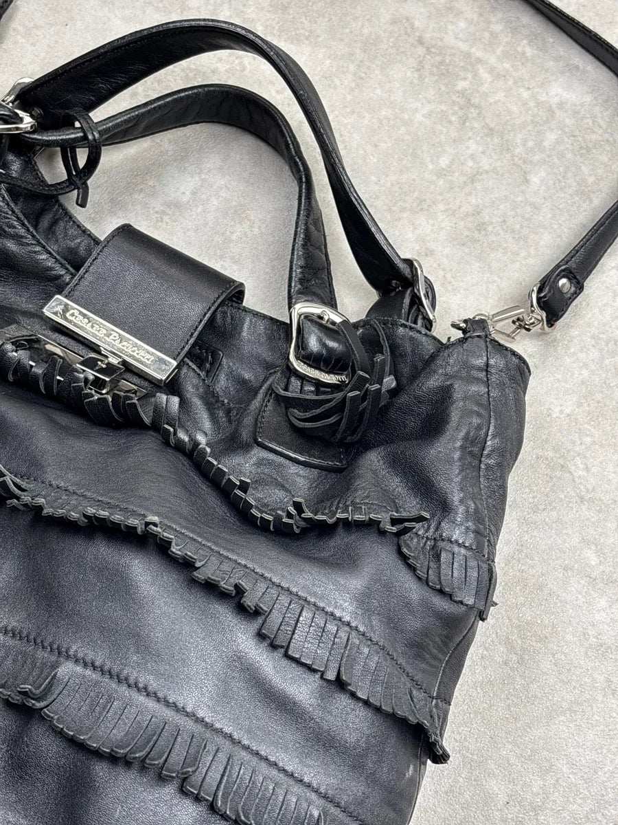 Cesare Paciotti Black Leather Fringe Logo Lock Shoulder Bag EBdxYzFL 7