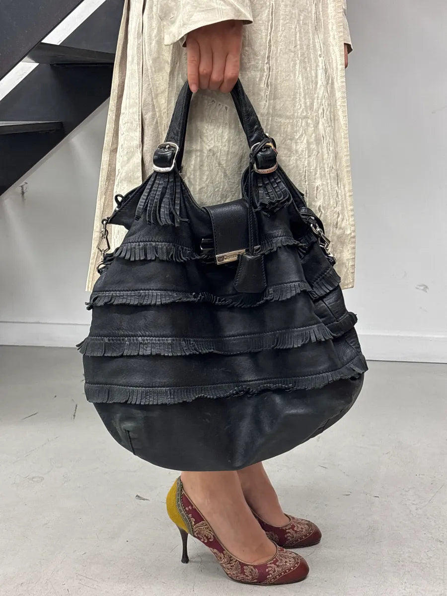 Cesare Paciotti Black Leather Fringe Logo Lock Shoulder Bag EBdxYzFL 1