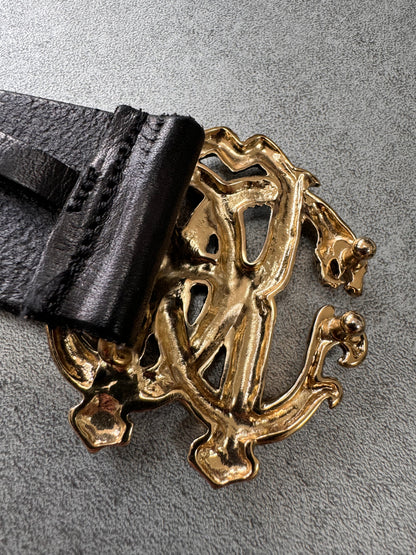 Roberto Cavalli Golden Snake Buckle Brown Leather Belt (OS)