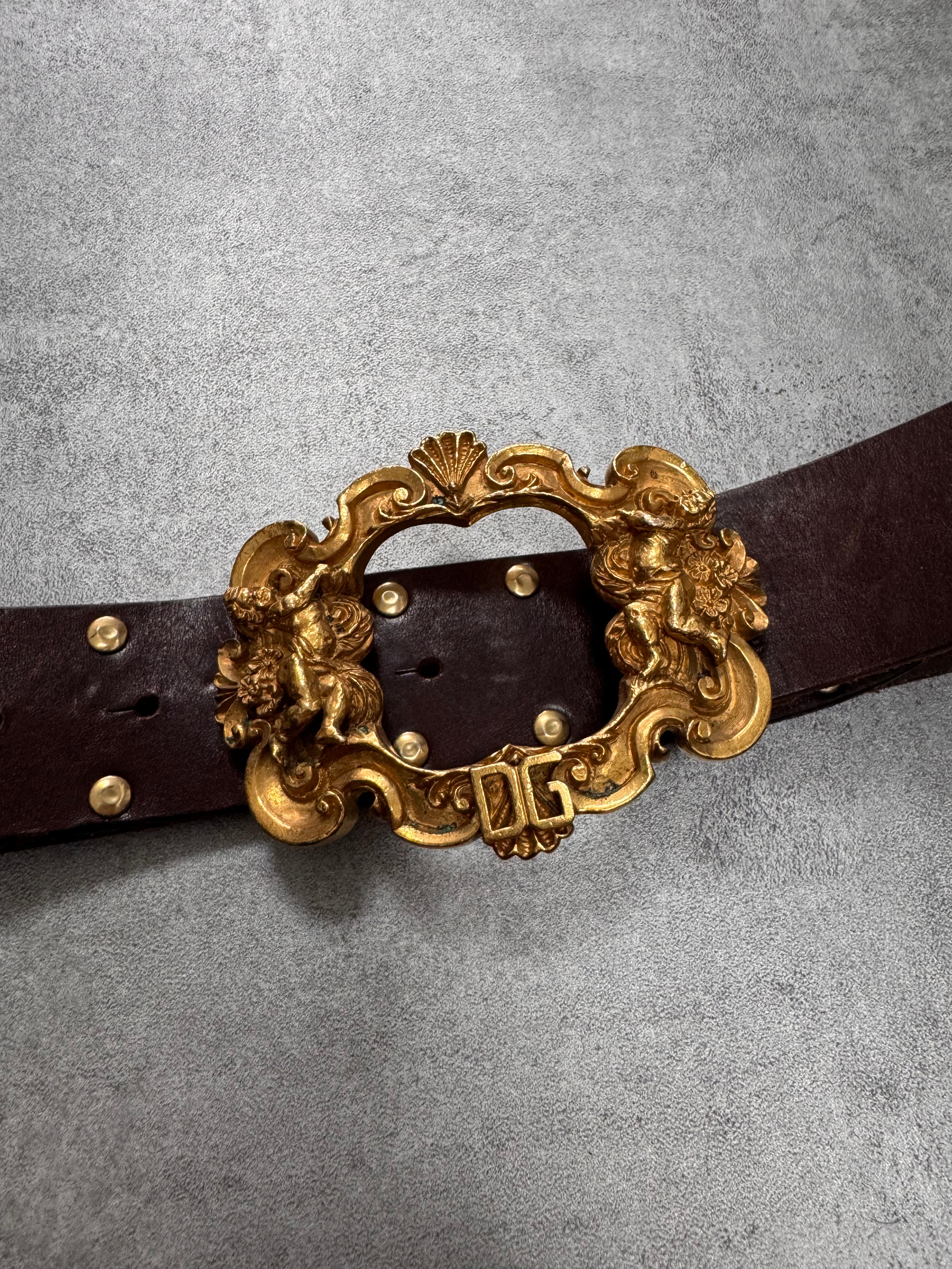 2000s Dolce & Gabbana Golden Ornement Buckle Brown Leather Belt