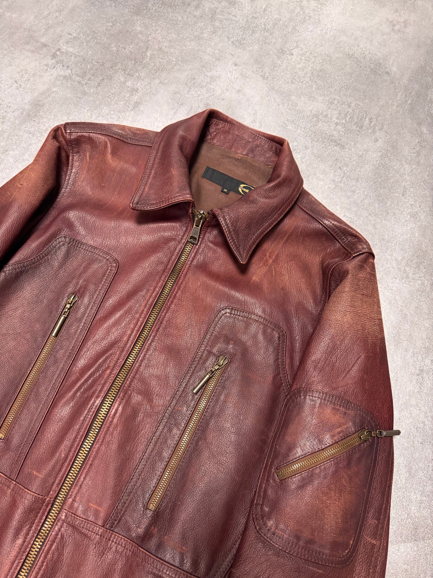 2000s Cavalli Fight Club Faded Burgundy Leather Jacket (S/M)