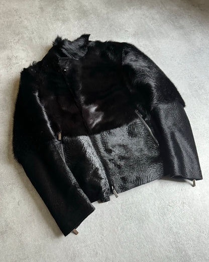 AW2012 Emporio Armani Black Baby Calf Skin Fur Asymmetrical Jacket (M) - 14