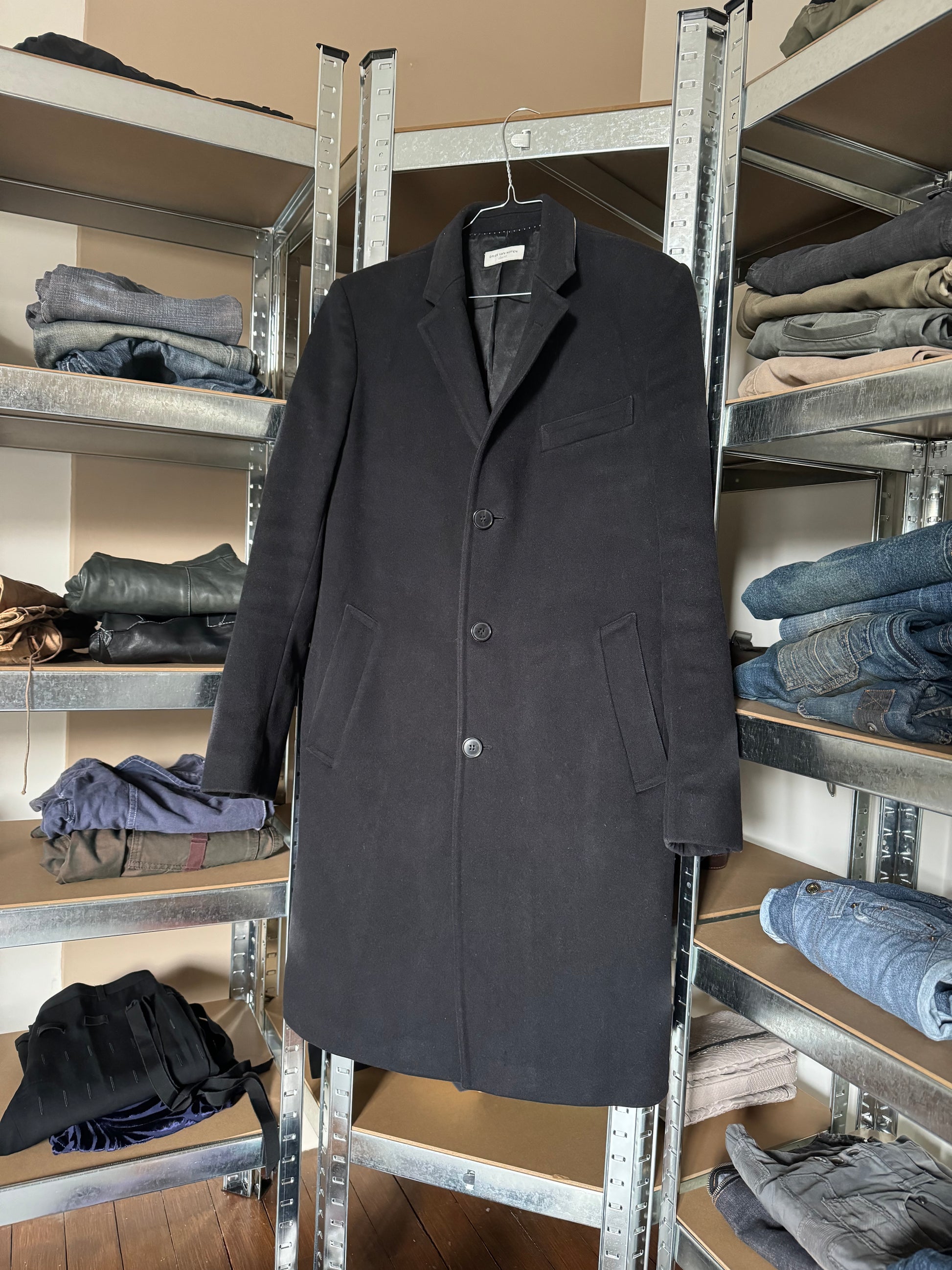2000s Dries Van Noten Minimalist Navy Wool Long Jacket (M) - 3