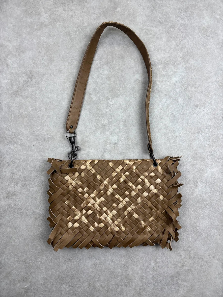 SS2009 Bottega Veneta Taupe Brown Leather Intrecciato Fringe Shoulder Bag EMqFweiu 0