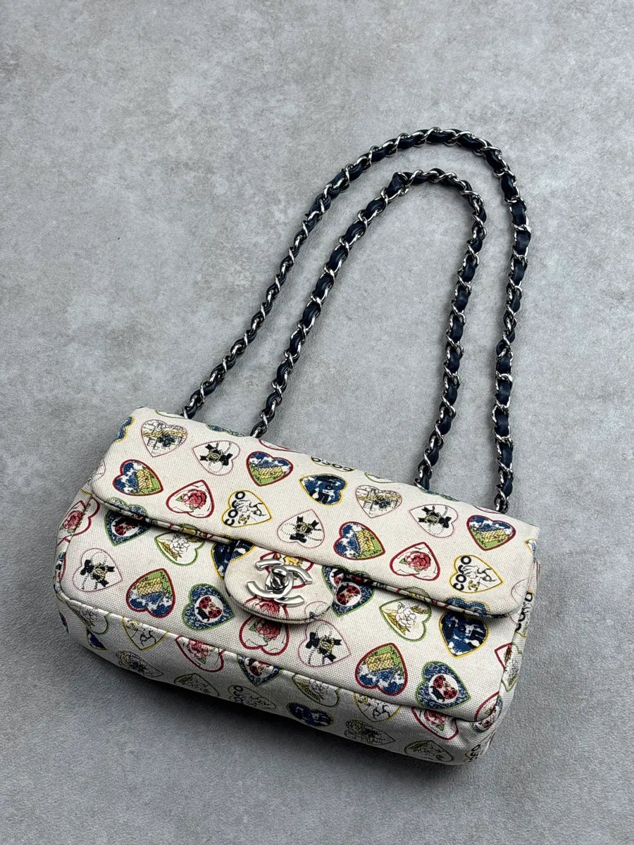 SS2006 Chanel Cream Canvas Valentine Heart CC Turn-Lock Shoulder Bag EQwYQgfs 3