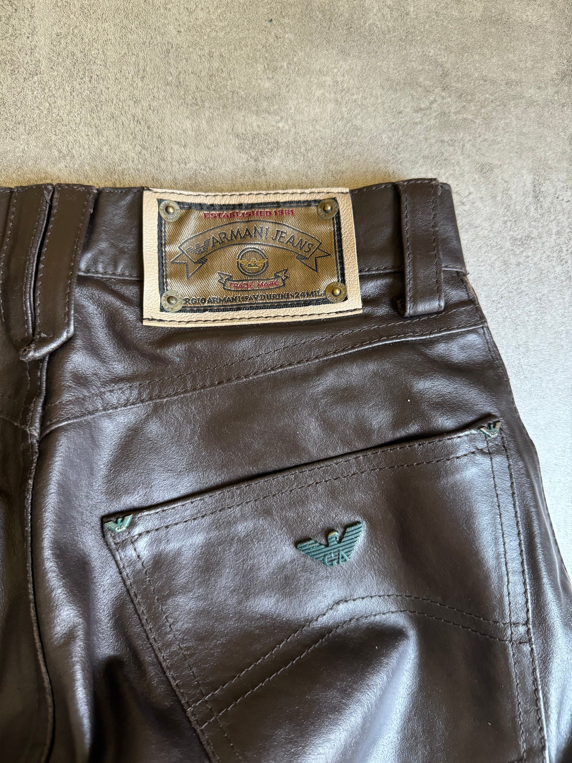 1990s Armani Brown Robust Leather Pants (XS) - 3