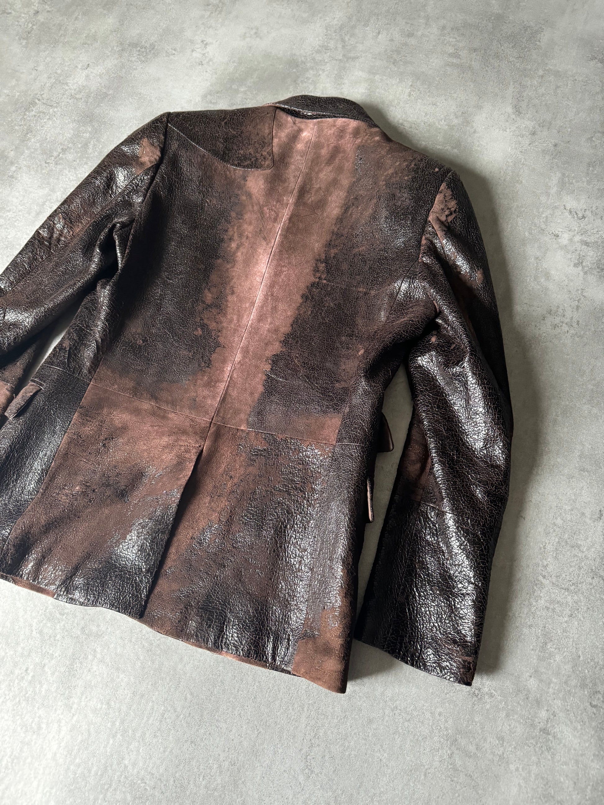 AW2000 Roberto Cavalli Artisanal Brown Eroded Silk Leather Blazer Jacket  (L) - 4