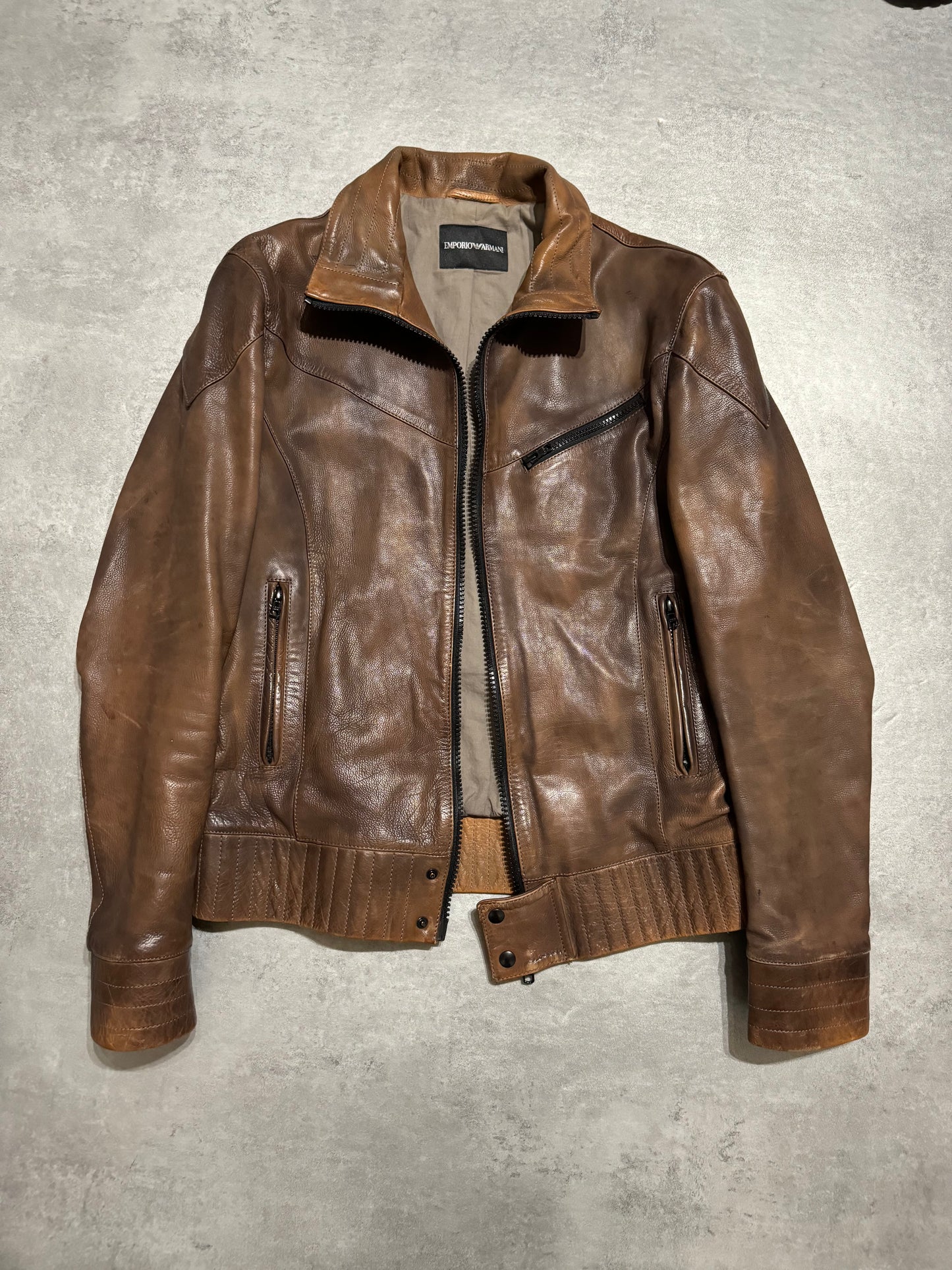 FW2011 Emporio Armani Brown Calf Leather Biker Jacket (M) - 5