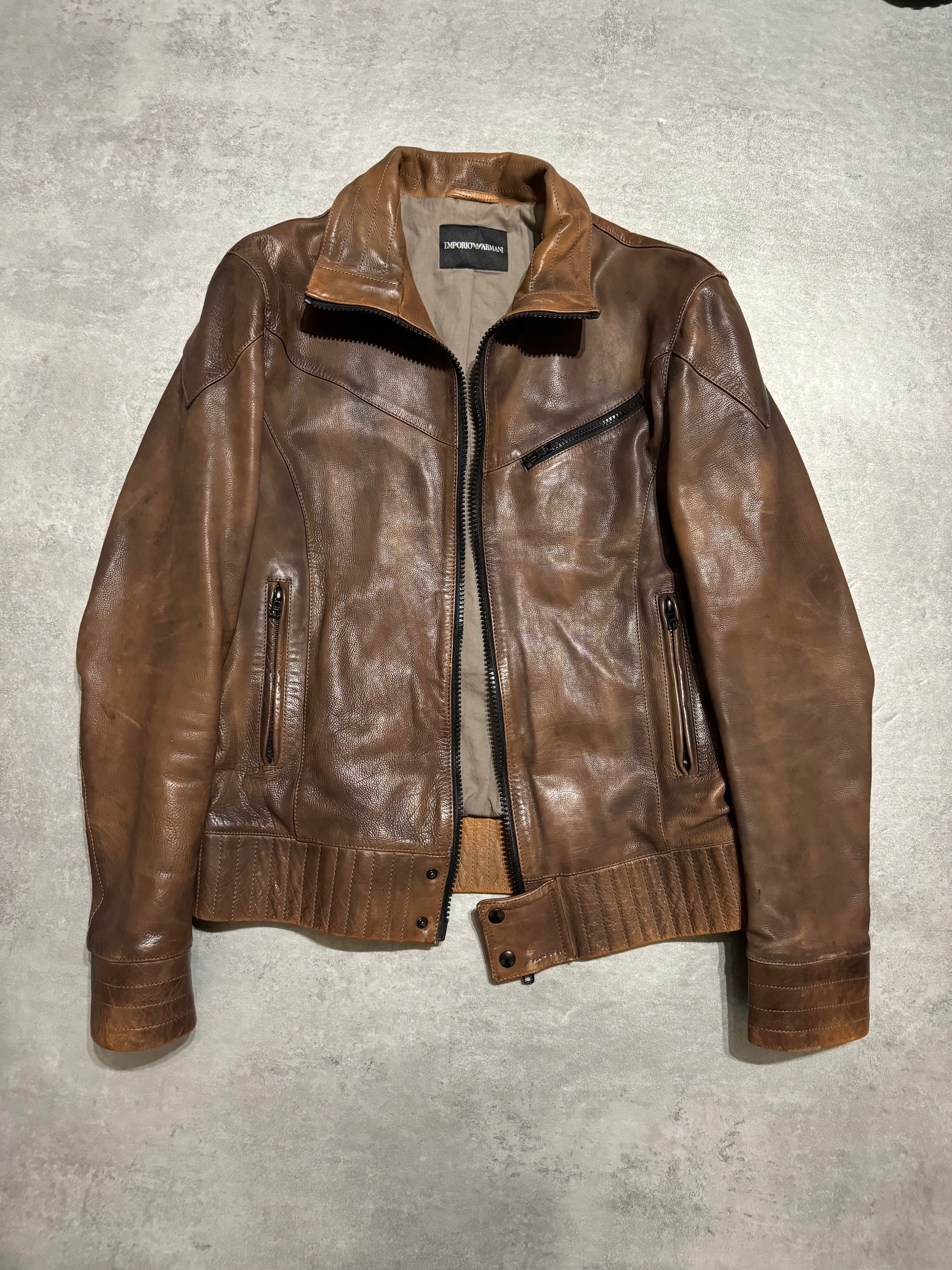 FW2011 Emporio Armani Brown Calf Leather Biker Jacket (M) - 5