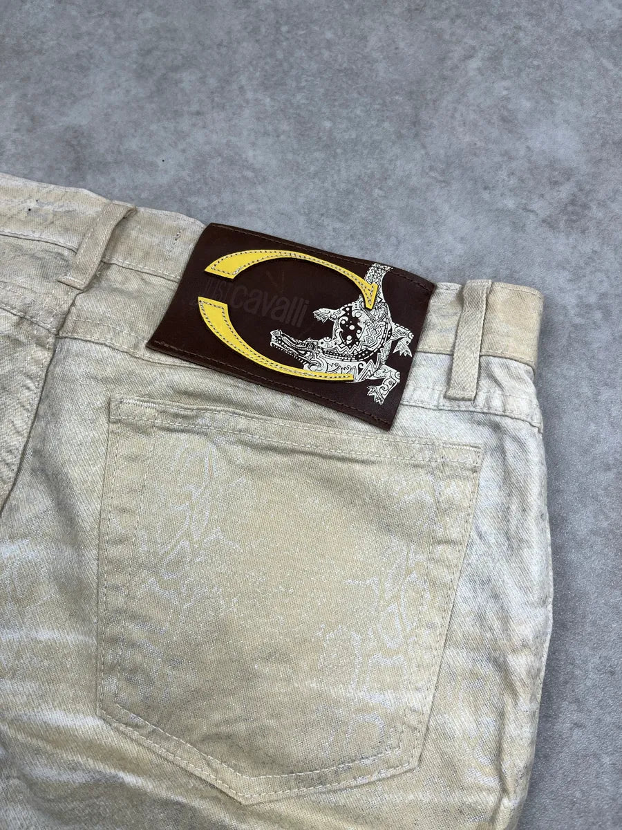 2000s Cavalli Beige Metallic Snake-Pattern Jeans EjGdcNJR 9