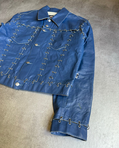 SS2003 Jean Paul Gaultier Pierced Blue Leather Trucker Jacket  (M) - 7