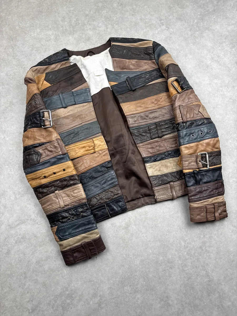 AW2012 Maison Margiela H&M Brown Leather Patchwork Belt Leather Jacket EorGokvH 3