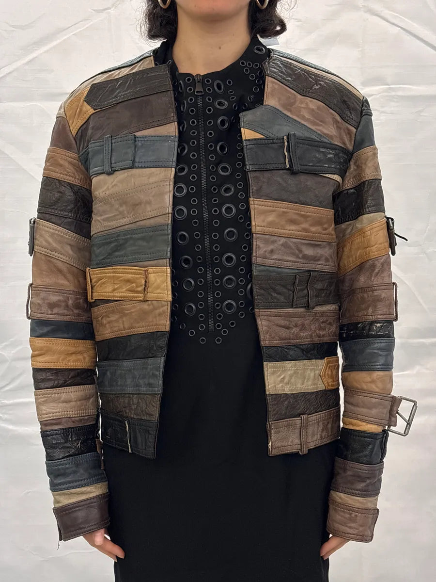 AW2012 Maison Margiela H&M Brown Leather Patchwork Belt Leather Jacket EorGokvH 1