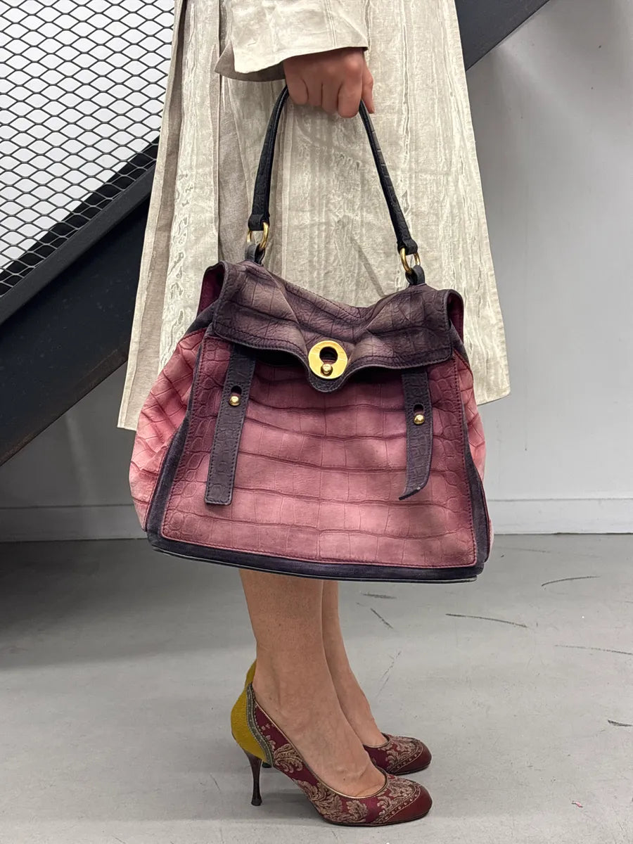 SS2009 Yves Saint Laurent Burgundy Leather Crocodile Embossed Handle Bag ErKwHFGH 1