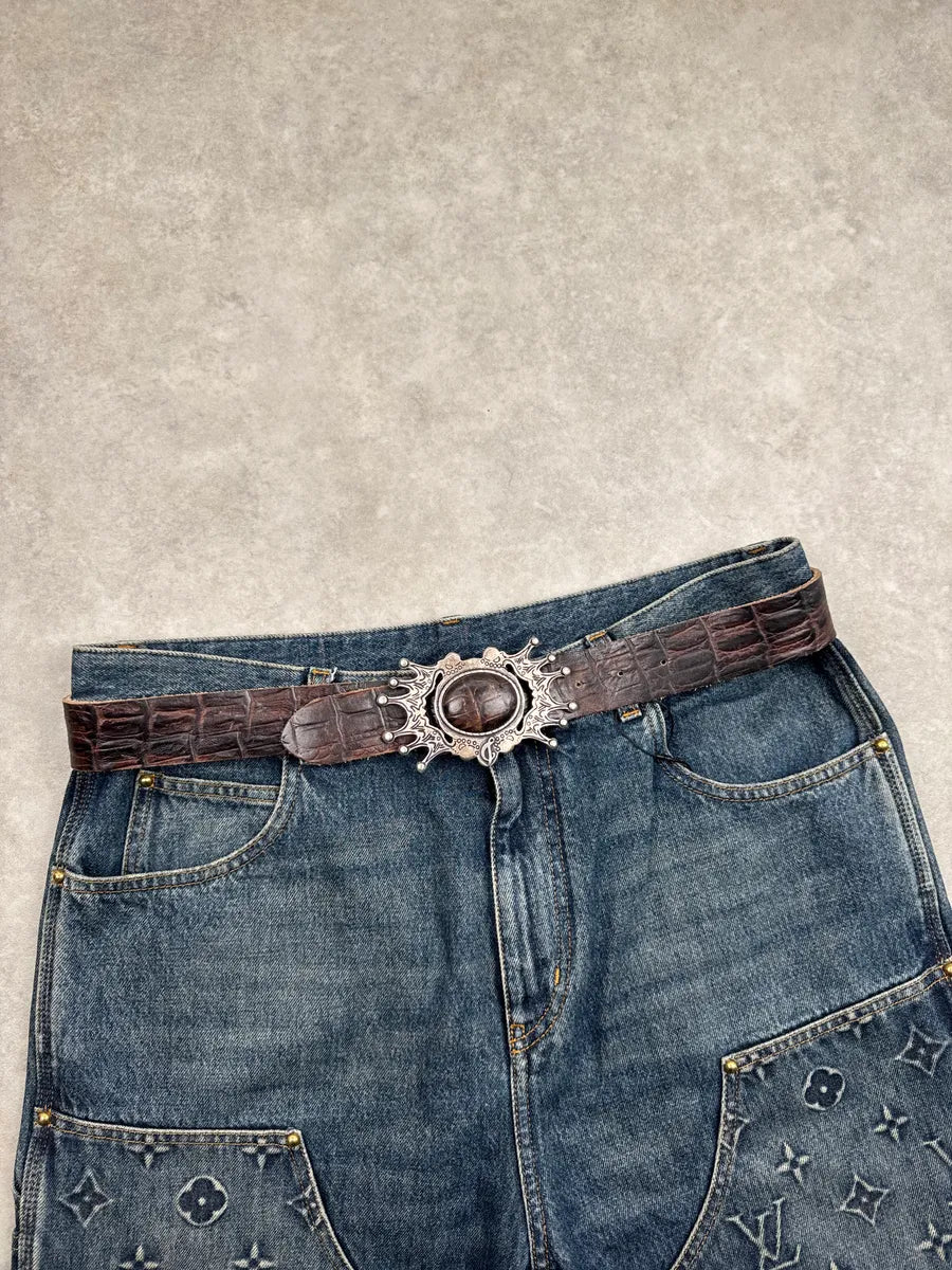 2000s Diesel Dark Brown Leather Crocodile Embossed Ornate Belt EsEaQmsU 0