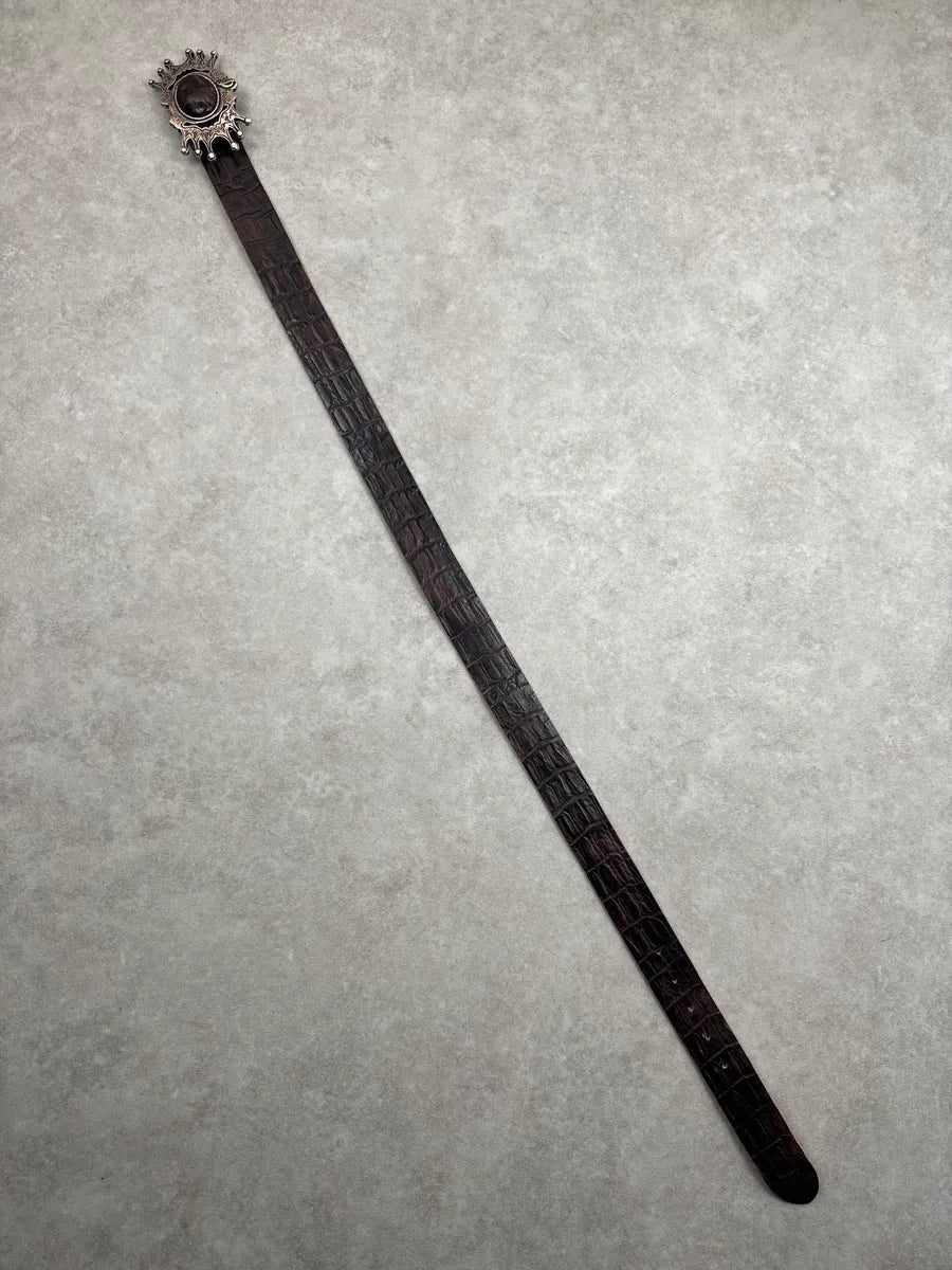 2000s Diesel Dark Brown Leather Crocodile Embossed Ornate Belt EsEaQmsU 7