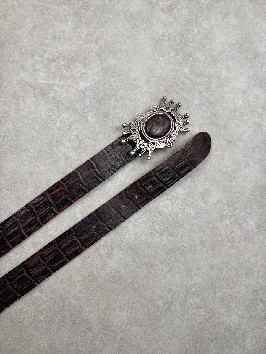 2000s Diesel Dark Brown Leather Crocodile Embossed Ornate Belt EsEaQmsU 2