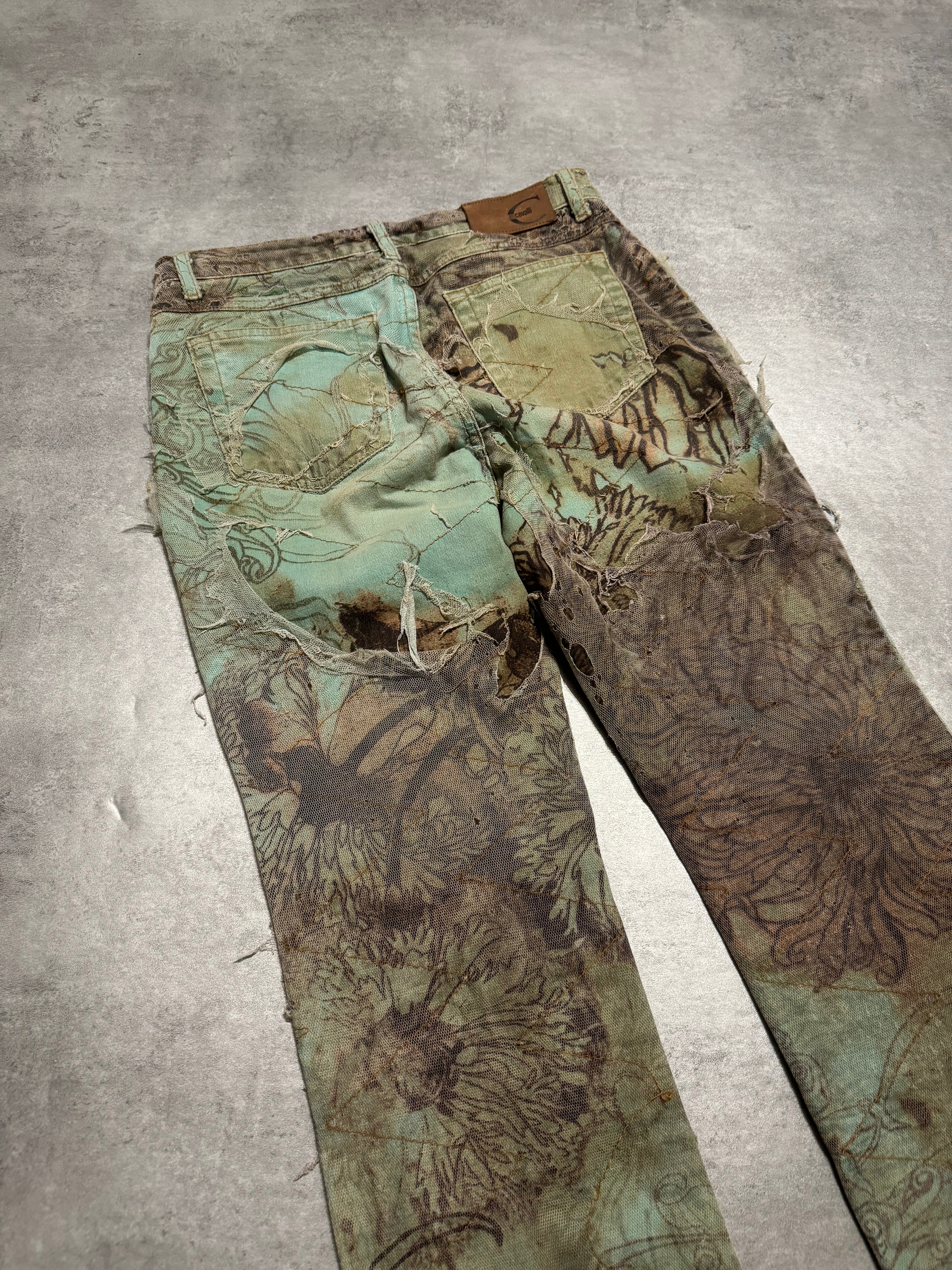 2000s Cavalli Destructured Artistic Floral Blue Pants (S) - 4
