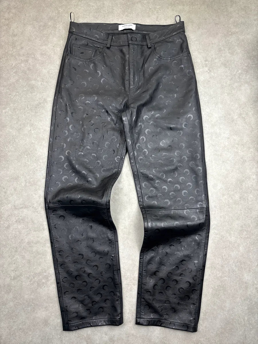 Marine Serre Black Leather Crescent Moon Straight Leg Pants EwZoDWMD 0