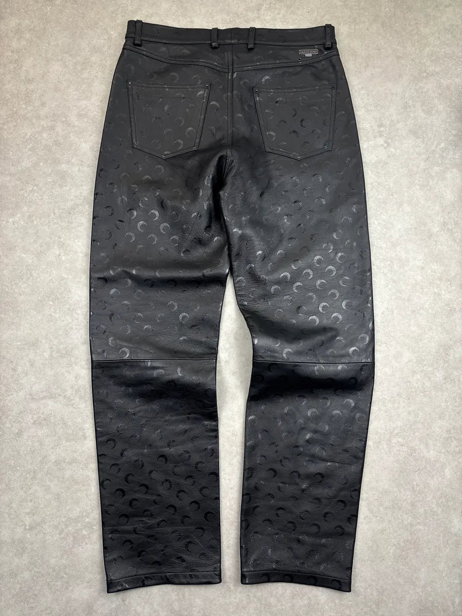 Marine Serre Black Leather Crescent Moon Straight Leg Pants EwZoDWMD 4