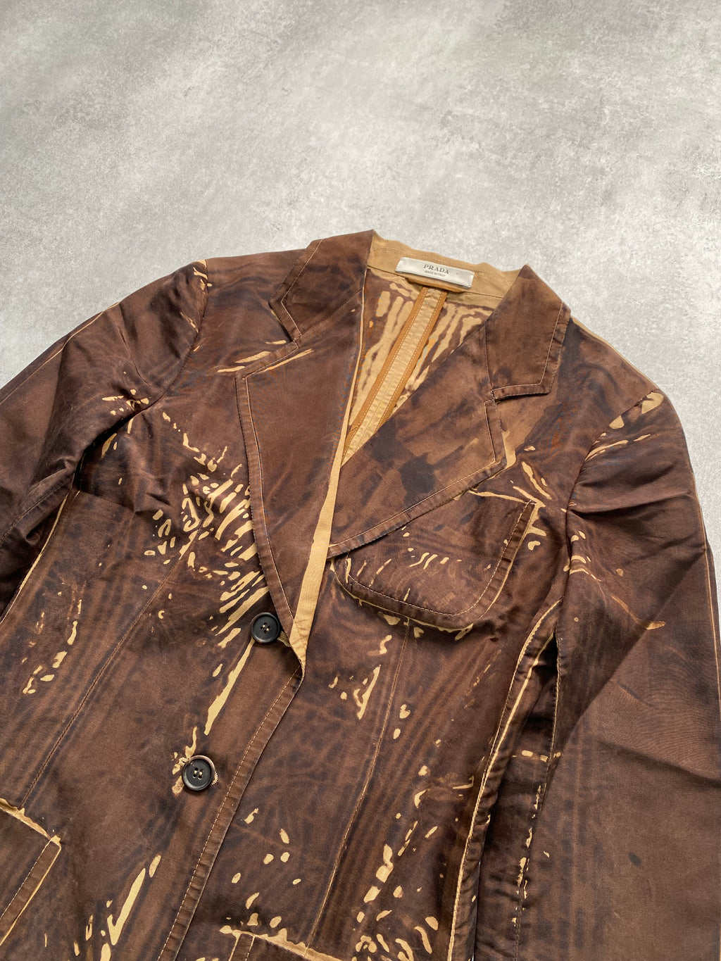 SS2005 Prada Brown Tan Screen Overprint Silk Blazer