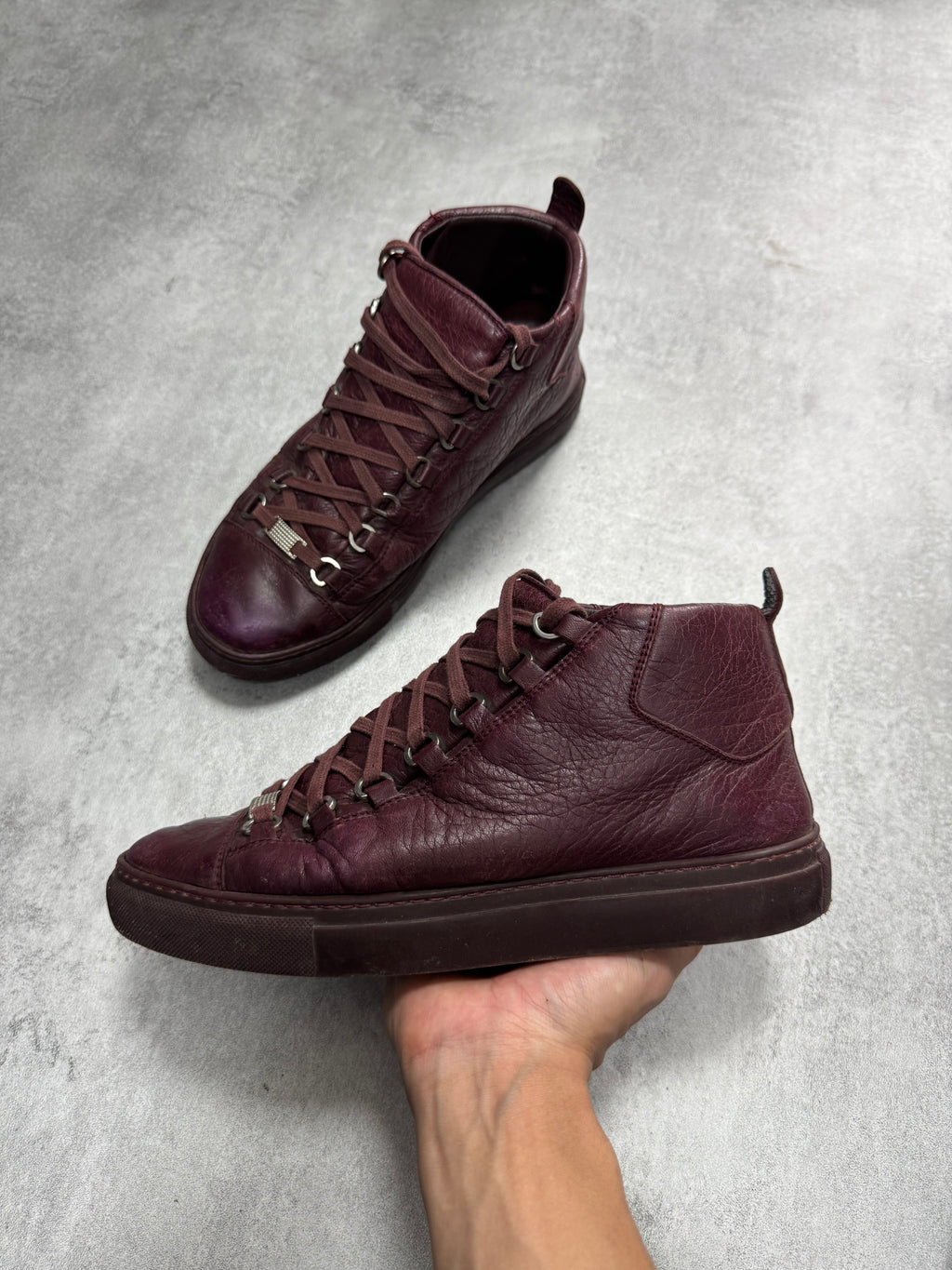 Balenciaga Arena High Bordeaux Craked Leather Sneakers