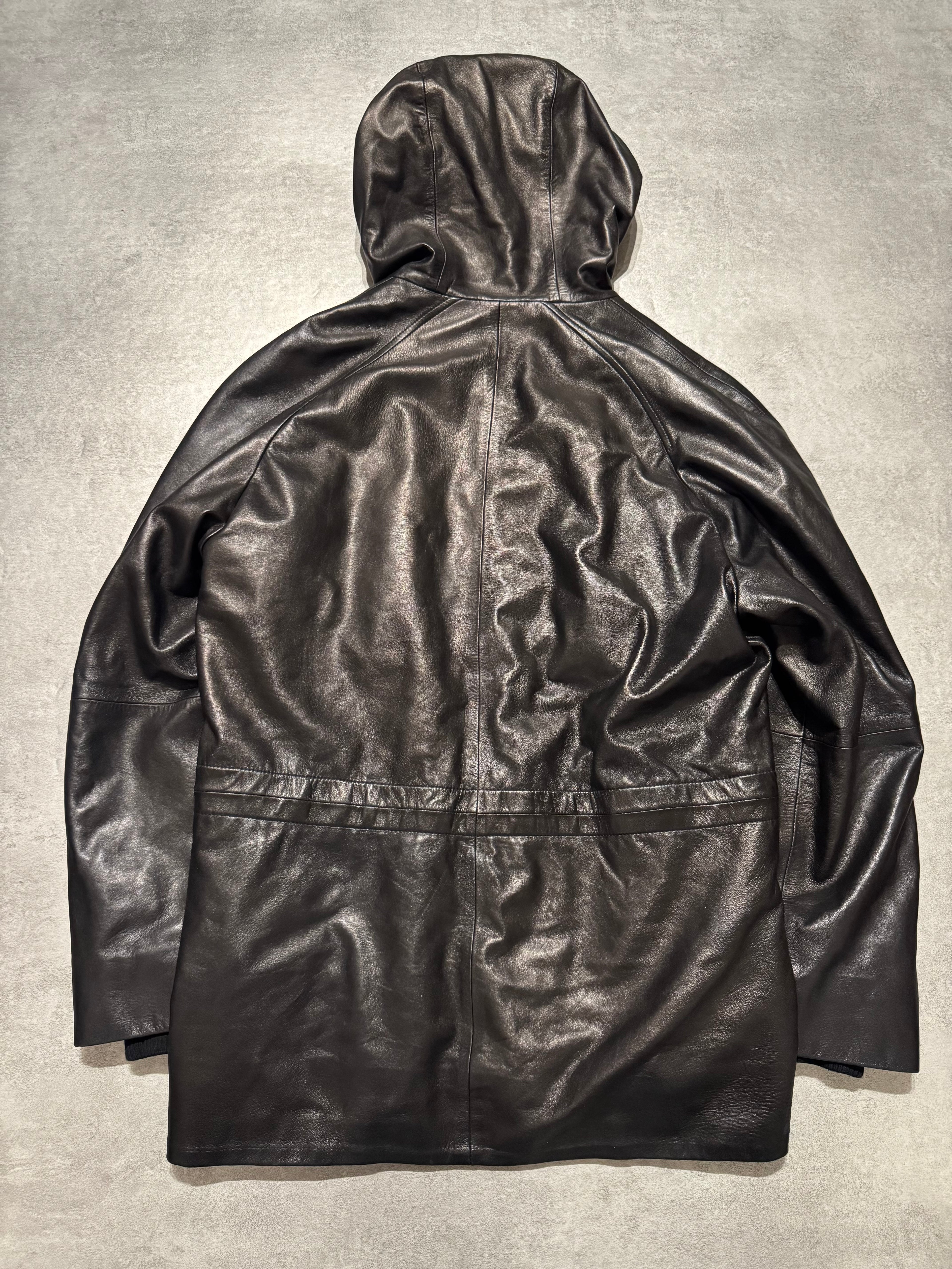 2000s Prada Sample Black Hooded Leather Jacket