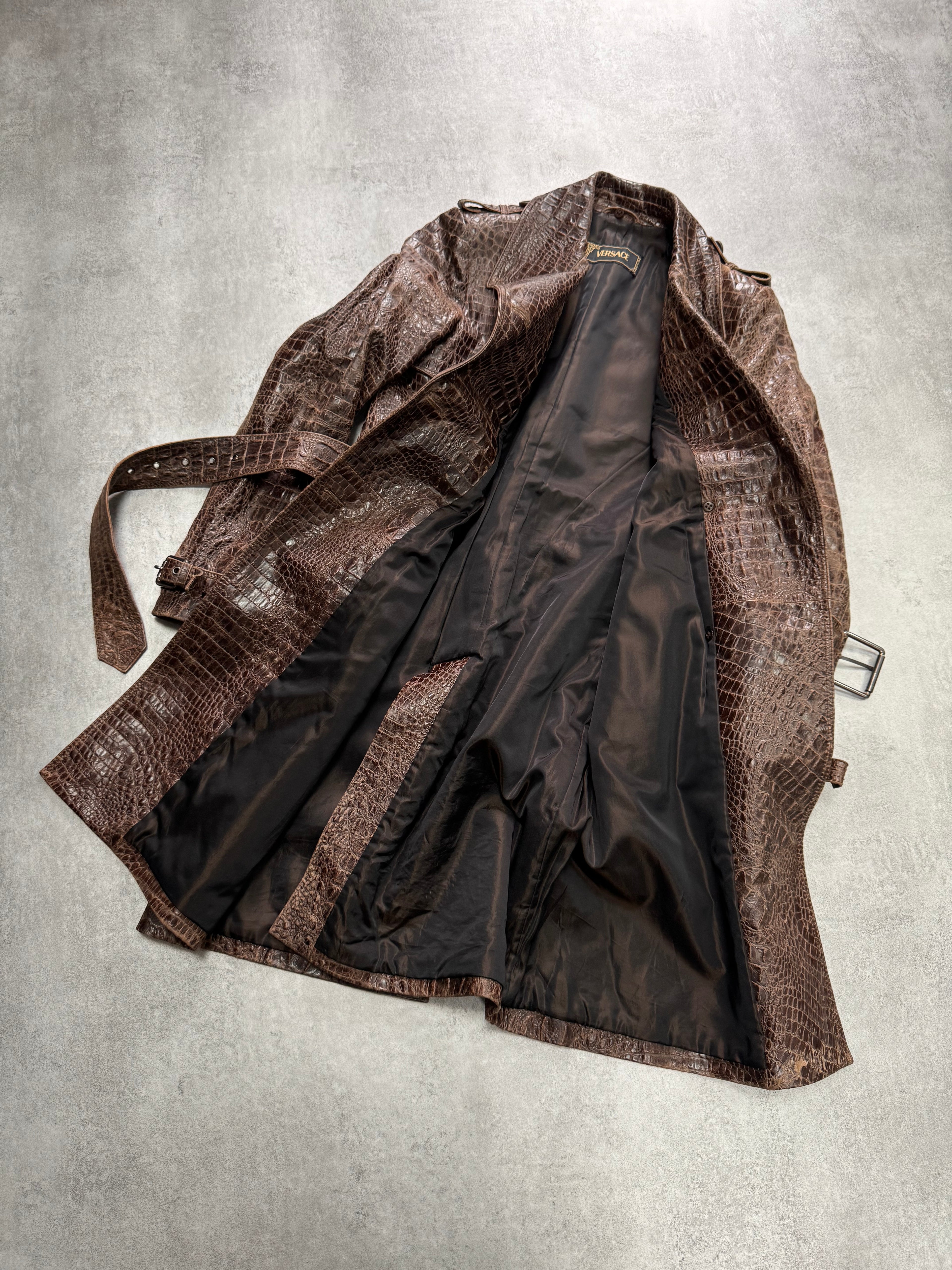 1990s Versace Crocodile Effect Embossed Leather Trench Coat