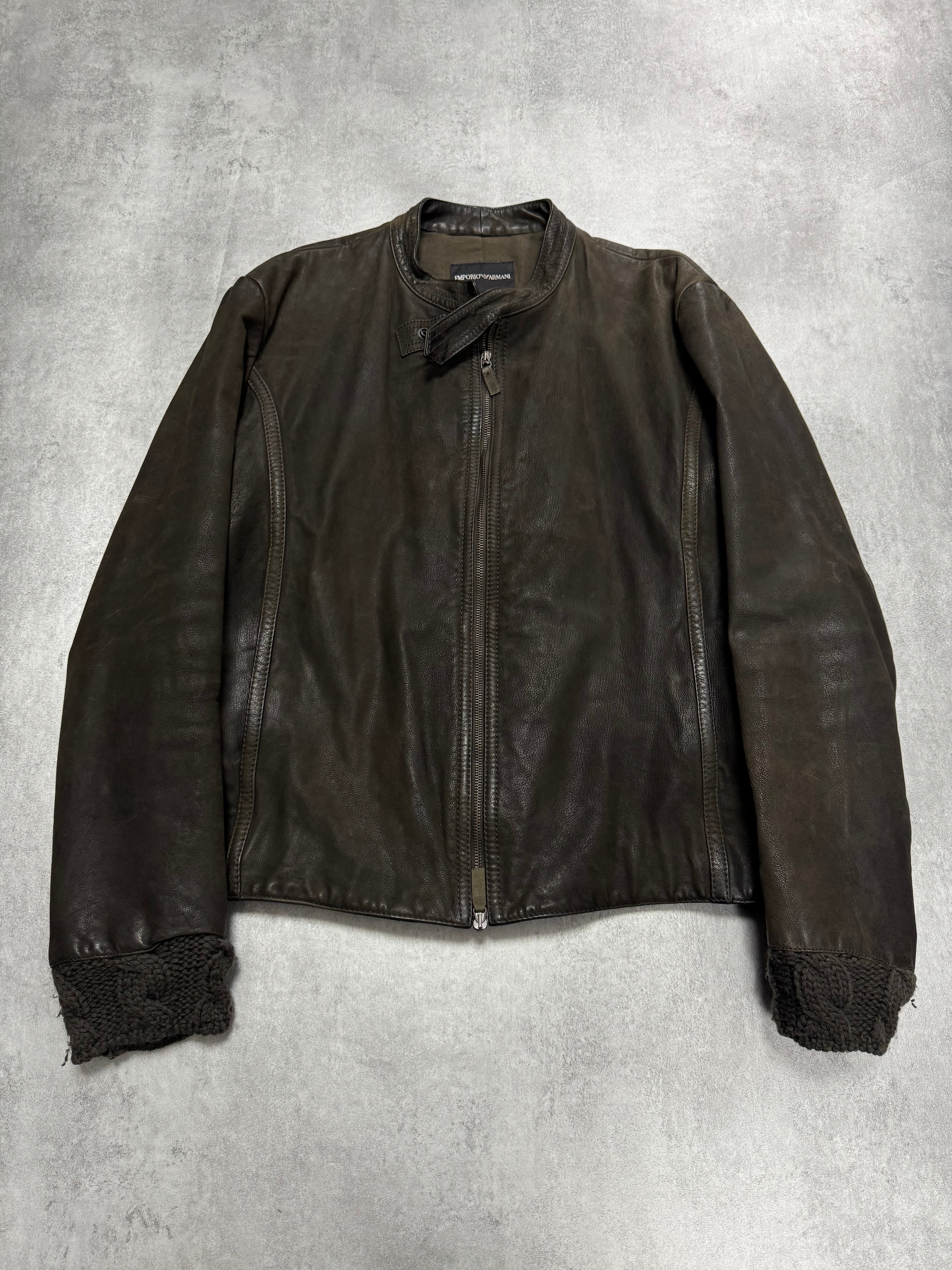 AW2009 Emporio Armani Brown Leather Wool Embelishments Jacket