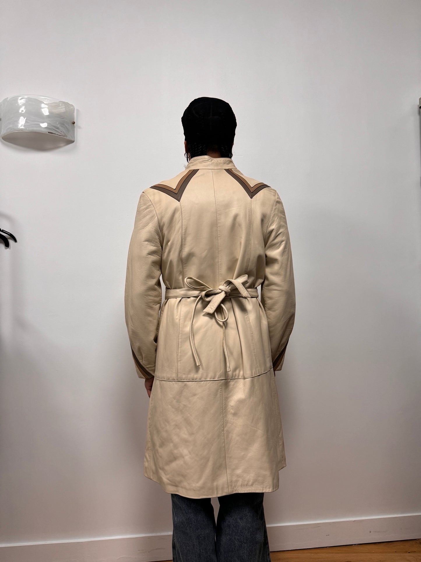 1990s Vintage Sand Leather Trench Coat