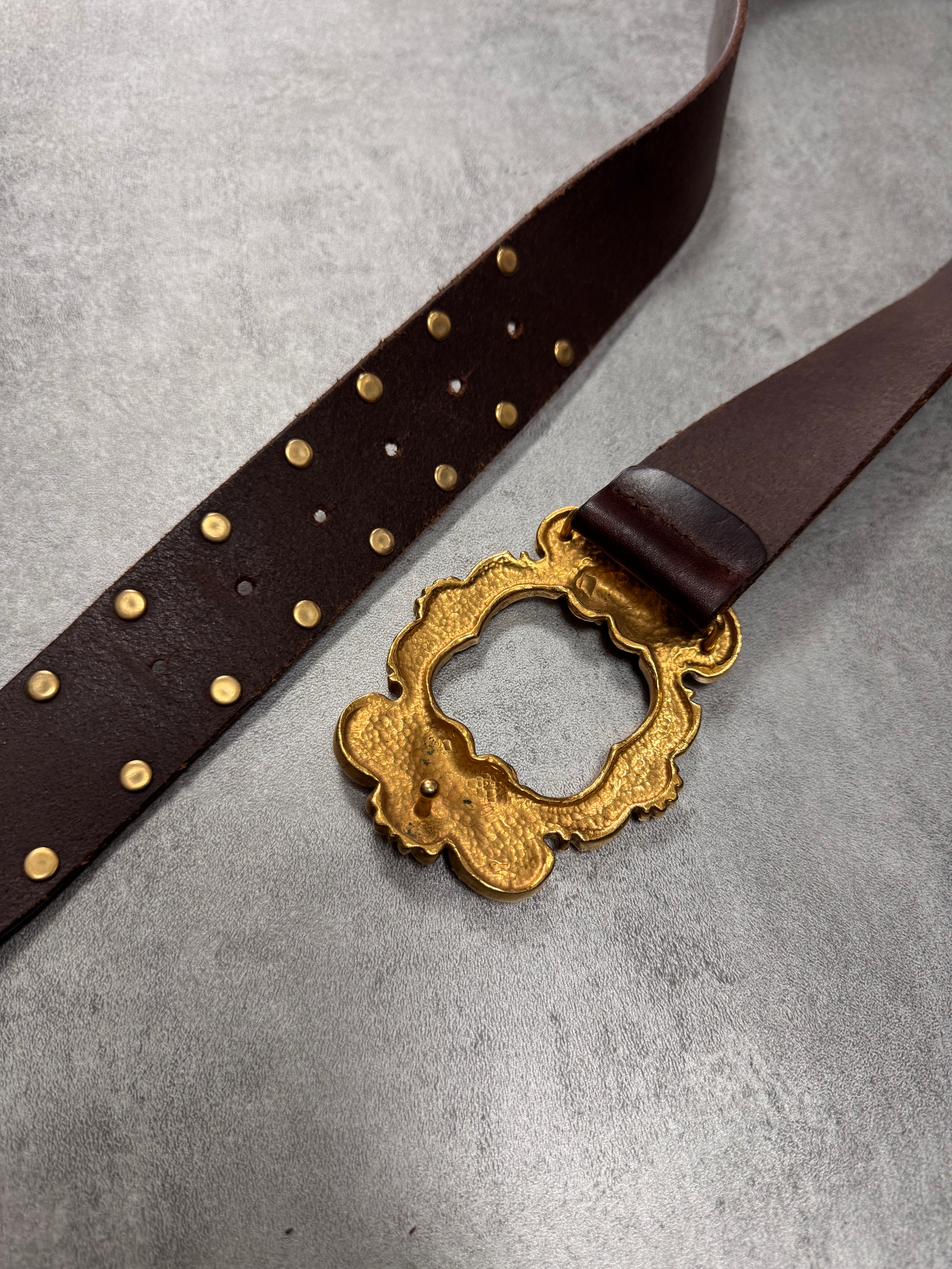 2000s Dolce & Gabbana Golden Ornement Buckle Brown Leather Belt