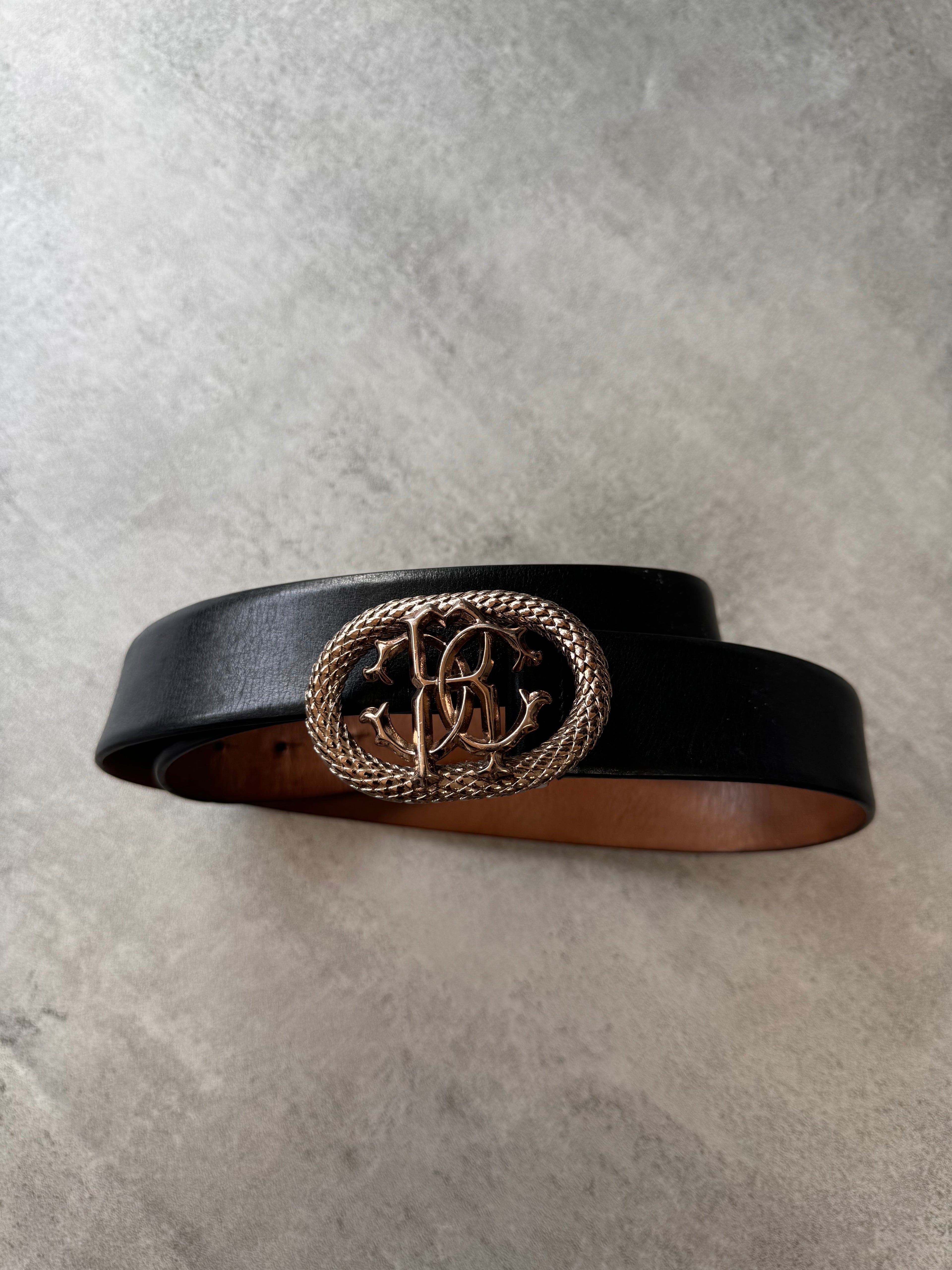 Roberto Cavalli Golden Pink Snake Buckle Black Leather Belt