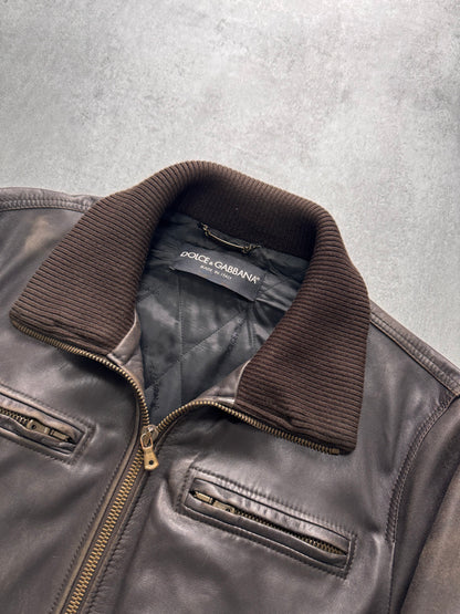 2000s Dolce & Gabbana Brown Aviator Aged Leather Jacket (L)