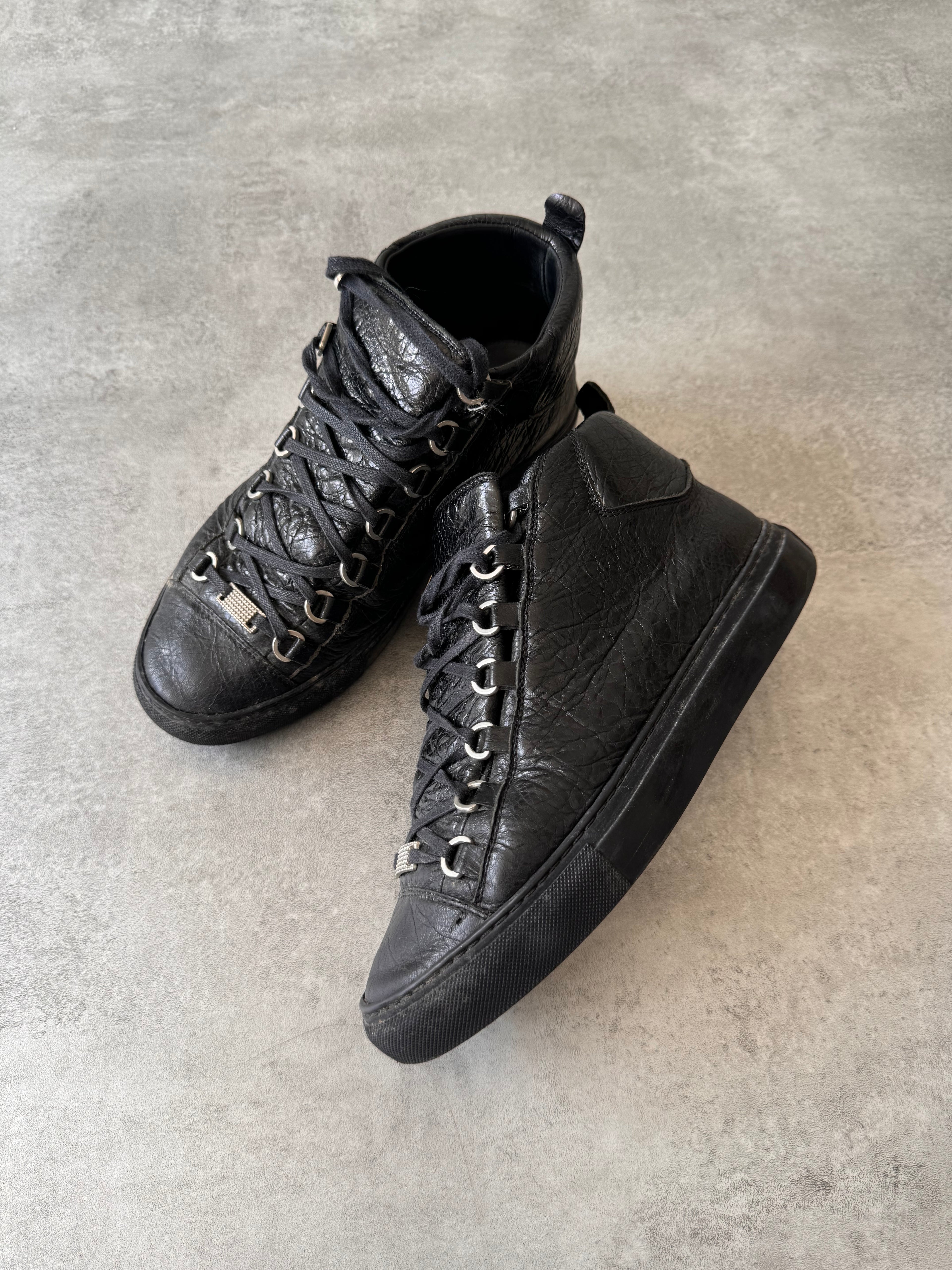 Balenciaga Arena High Black Cracked Leather Sneakers