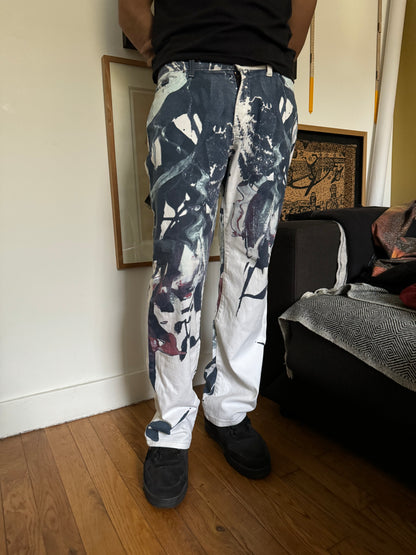 2000s Cavalli White Floral Spectrum Relaxed Straight Pants (S/M)