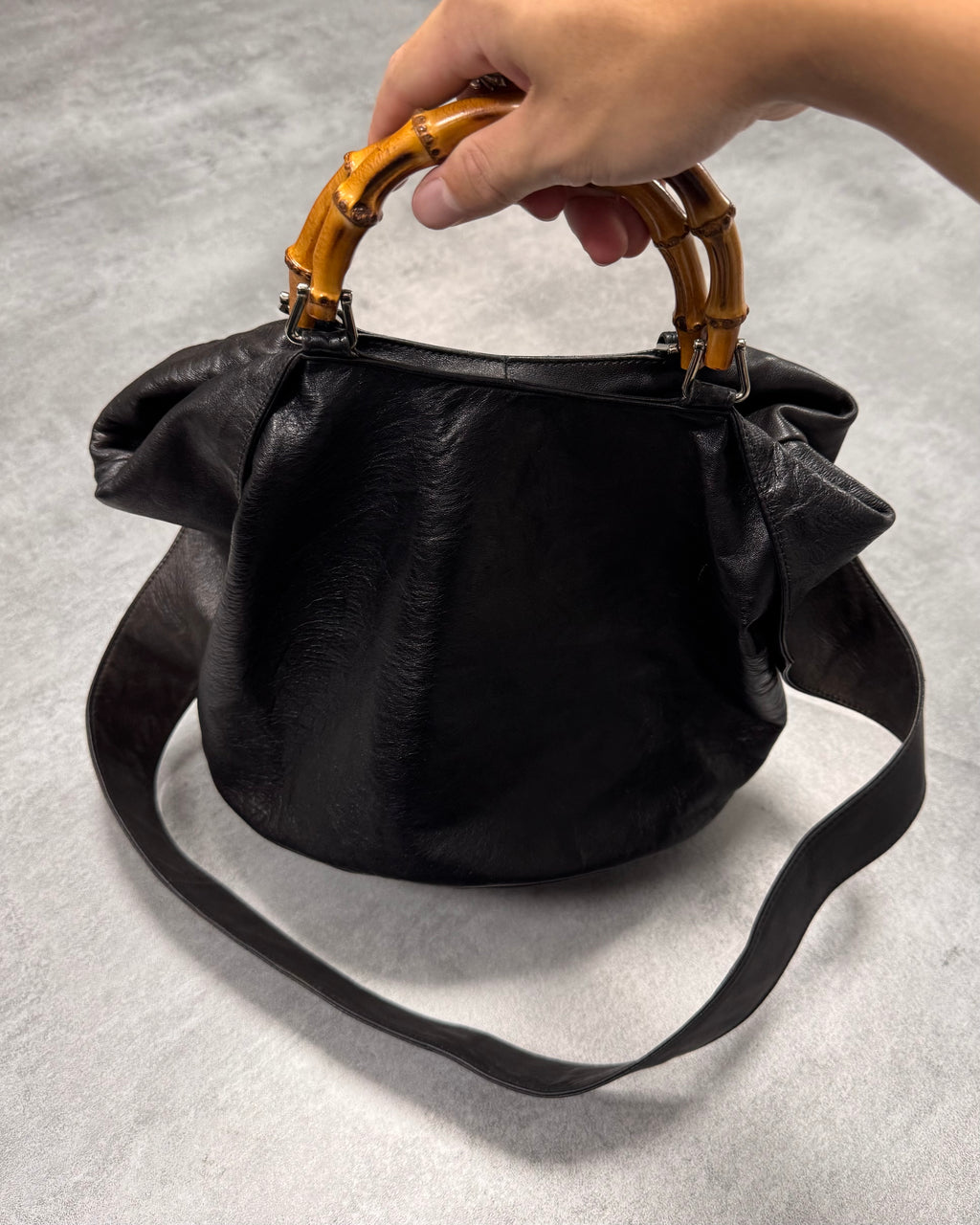 1996 Gucci Tom Ford Pure Black Leather Bamboo Shoulder Bag