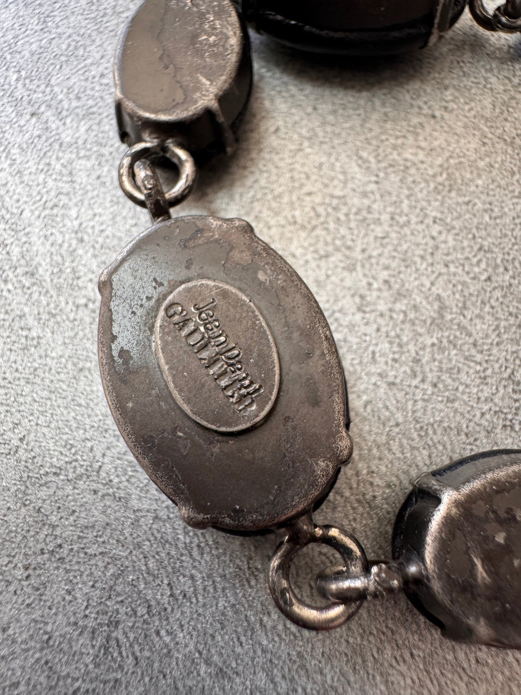 2000s Jean Paul Gaultier Black Leather Gemstone Metal Bracelet