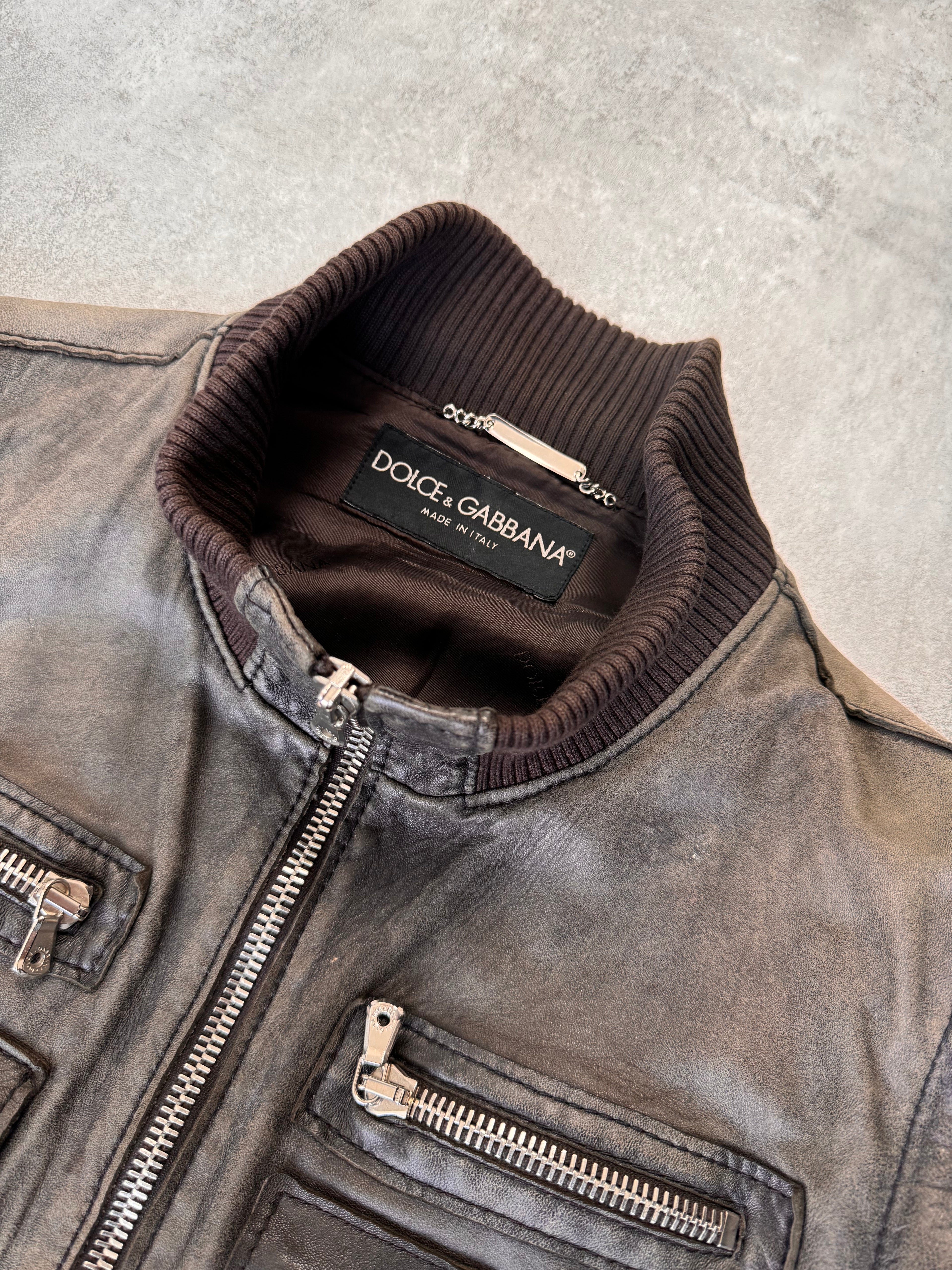 2000s Dolce & Gabbana Multi-Zip Green Brown Faded Leather Jacket