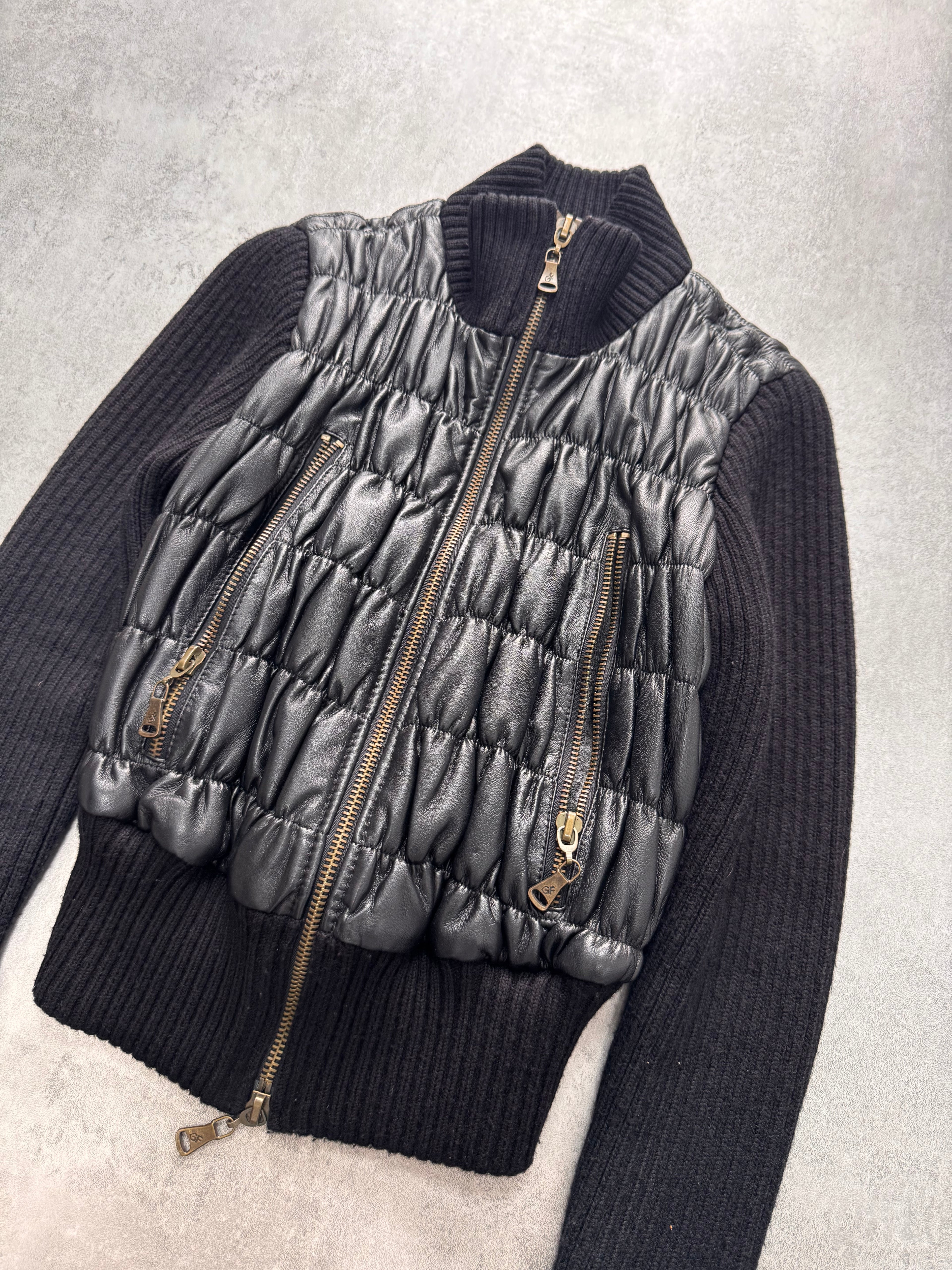 2000s Gianfranco Ferré Plissé Hybrid Black Leather Cropped Jacket