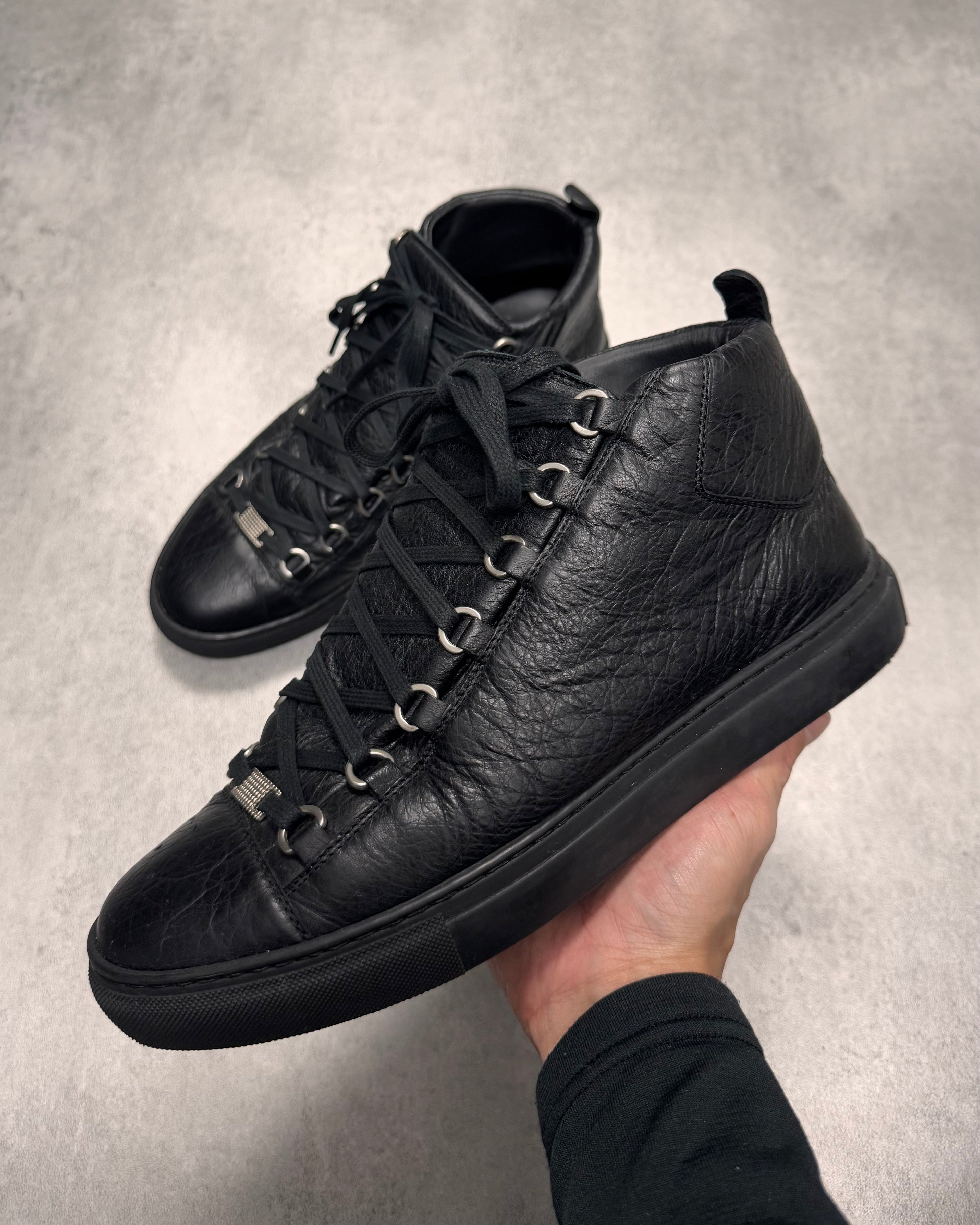 Balenciaga Arena High Black Cracked Leather Sneakers