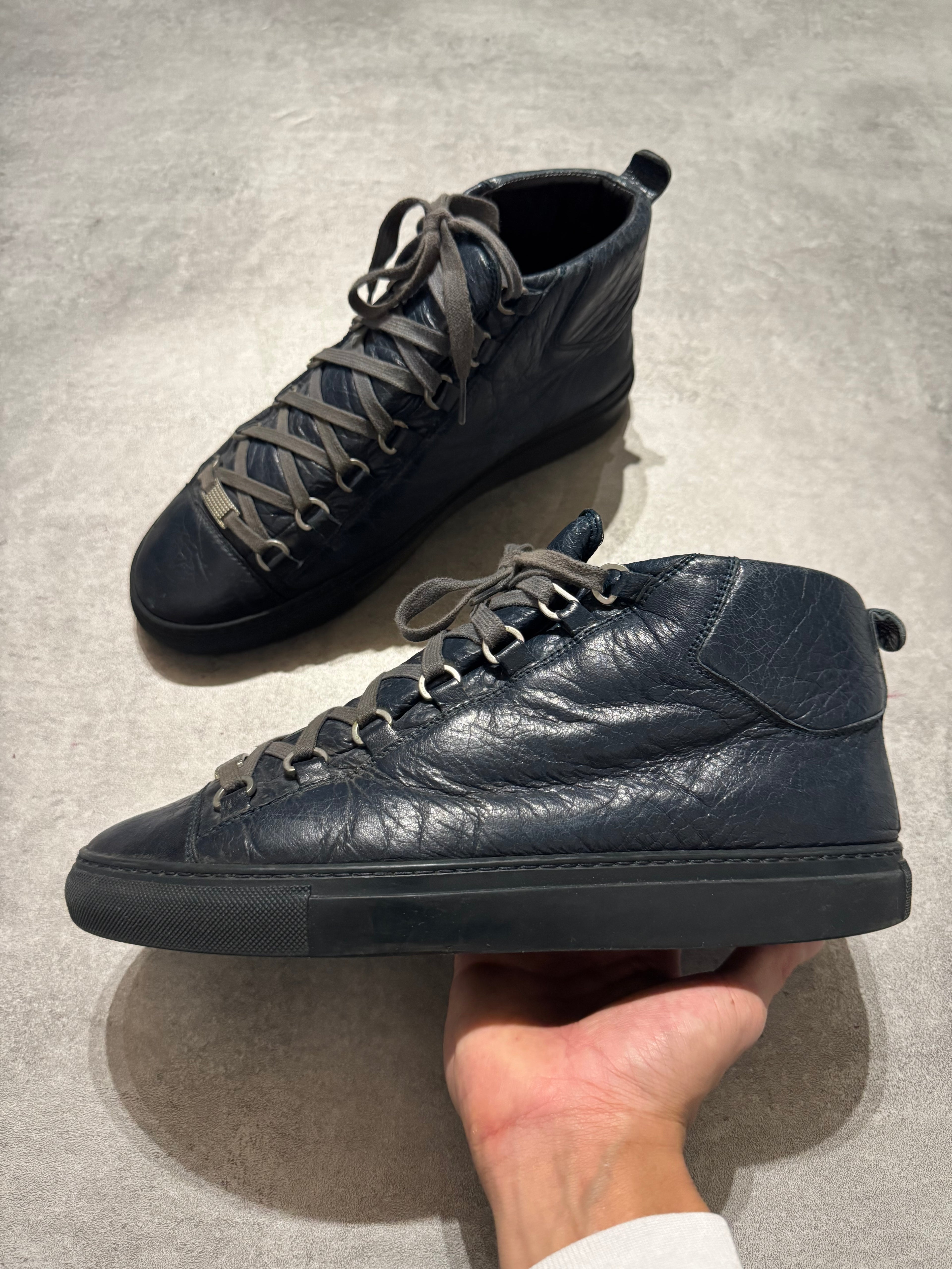 Balenciaga Arena High Navy Cracked Leather Sneakers
