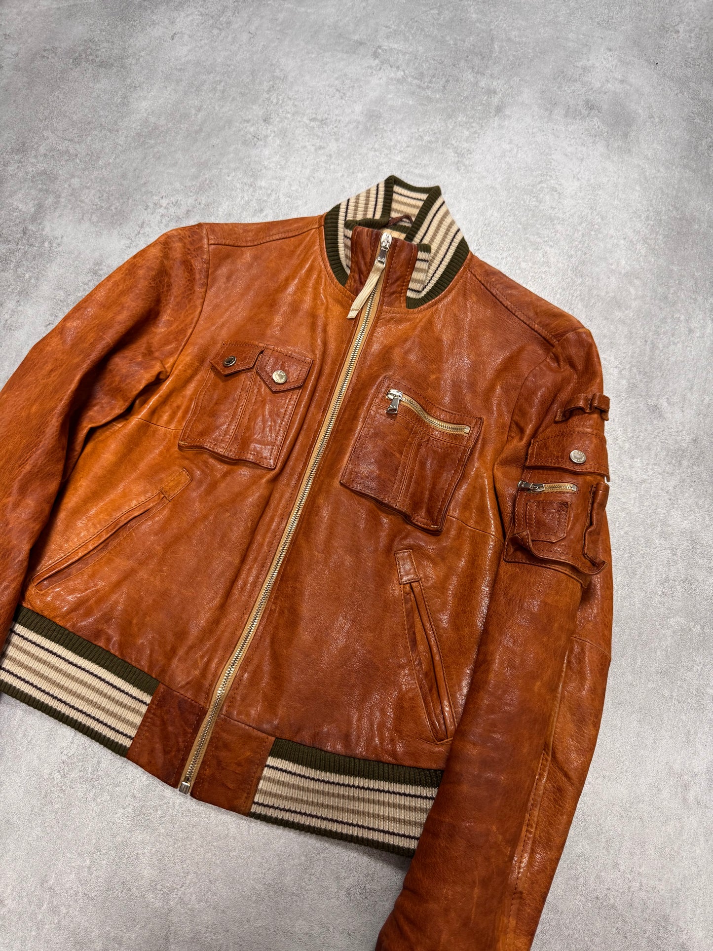 2000s Dolce & Gabbana Copper Brown Utility Cargo Leather Jacket (XS)