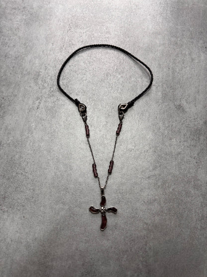 2000s Dolce & Gabbana Fantasy Cross Pendant Hybrid Leather and Steel Necklace (OS)