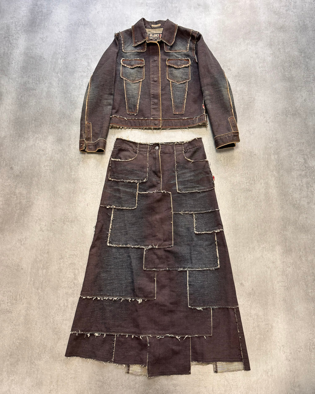 2000s Jean Paul Gaultier Denim Patchwork Jacket & Long Skirt Set